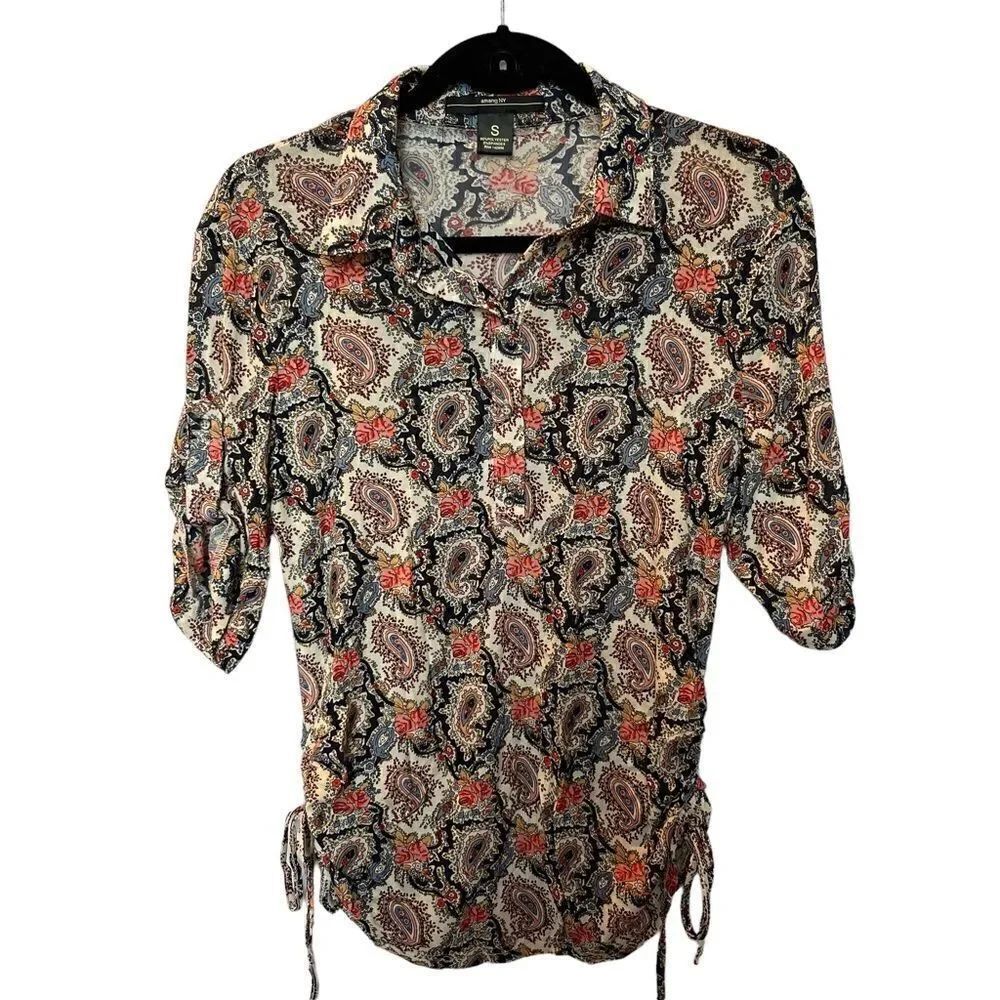 Amang NY Women's Short sleeve blouse Size Small Navy Blue Pink Multi Paisley
